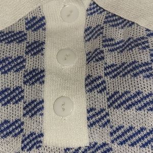 Girls Contrast Collar Blue Plaid Pattern Knit Top, Size 11